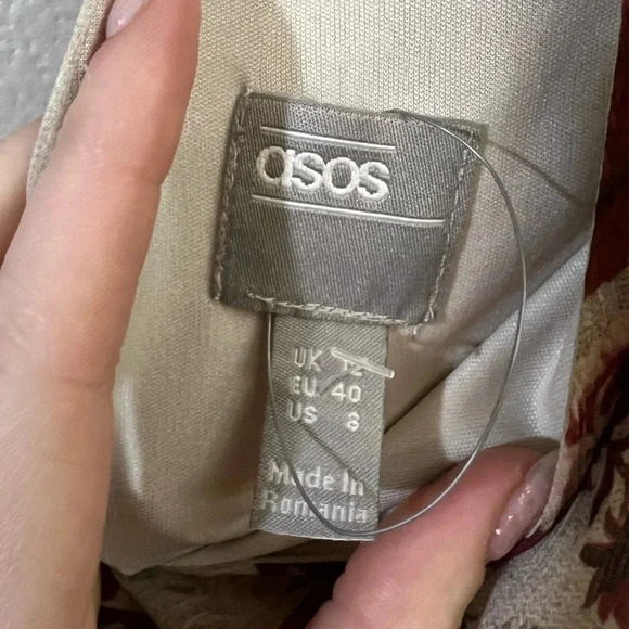 ASOS Floral red roses ruched body sheer mesh volume sleeves mini dress size 8 - Picture 4 of 7